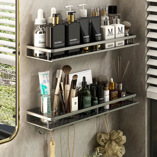 Bathroom Gun Grey Shelf with Towel Bar Space Aluminum Corner Shelves Towel Rack with Hook Shampoo Holder Kitchen Storage Rack