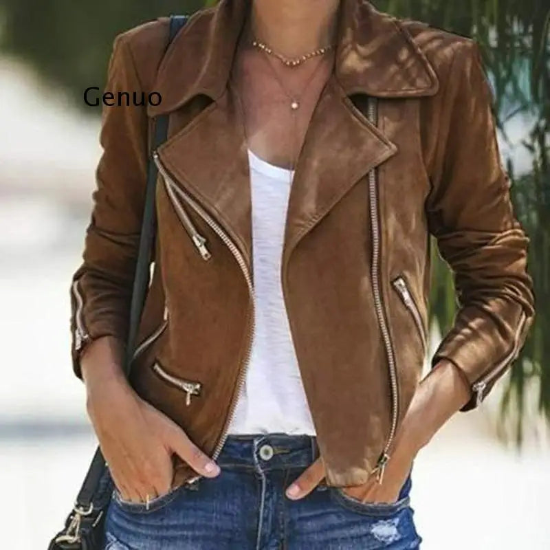 2022 Autumn and Winter New Lapel Diagonal Multiple Zipper Short Coat Women's Clothing Leather Slim Jackets Women Winter Coat