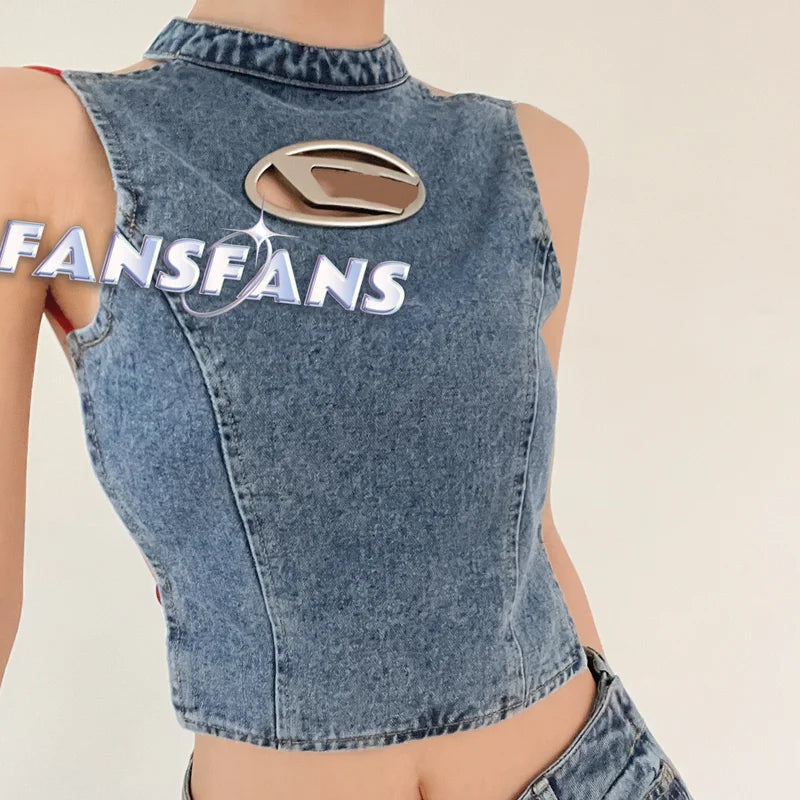 Women's Clothing Denim Tank Top Design Retro Large Open Back Metal Label Trend Fashion Top Chic Short Sleeveless Denim Tank Top