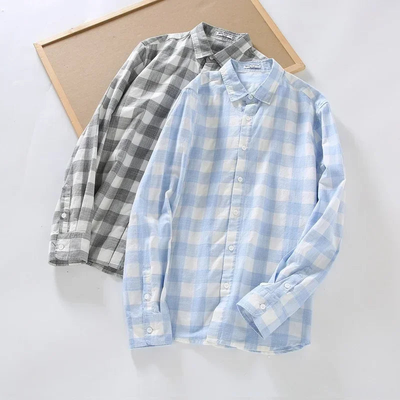 Men Clothing 2022 Autumn New Japanese Style Fresh Plaid Long-sleeved Shirt Men's Casual Loose Lapel Trend Men's Shirt