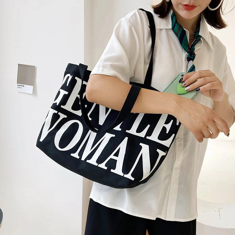 2023 Summer New Trendy Korean Women'S Large Shoulder Bag Fashion Letter Printing Canvas Handbag with Handle Tote Bag Letter Bag