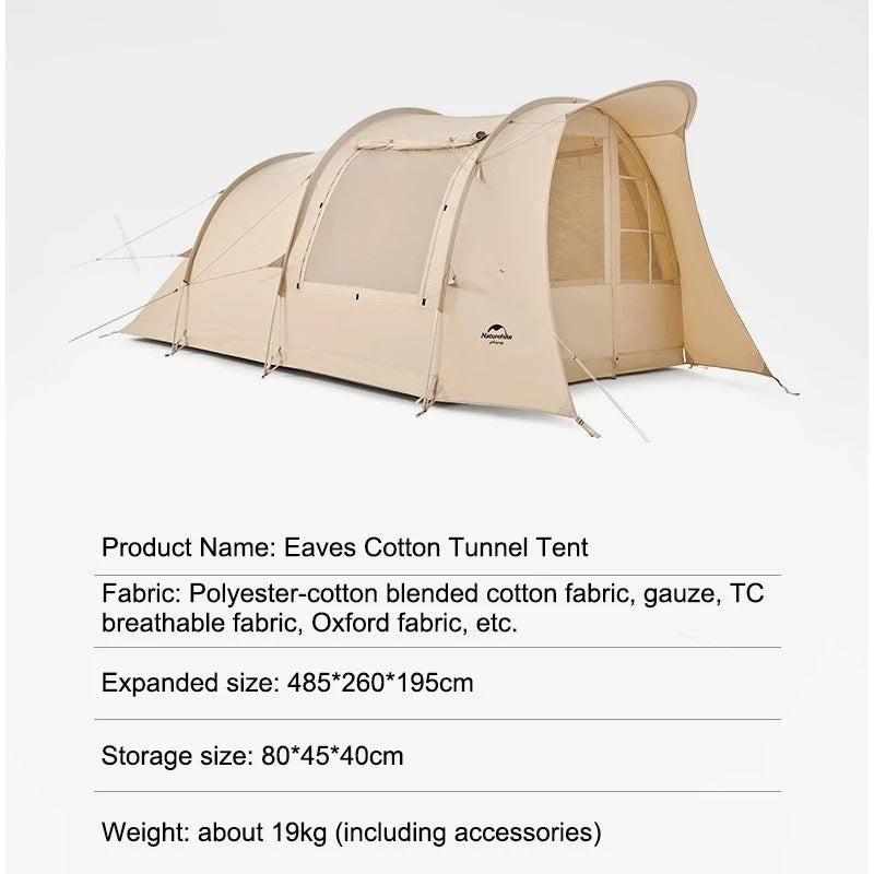 Naturehike Eaves Outdoor Cotton Tunnel Tent One Room One Hall Leisure Sunscreen Tent Camping Picnic Luxury 4 Person Cotton Tent