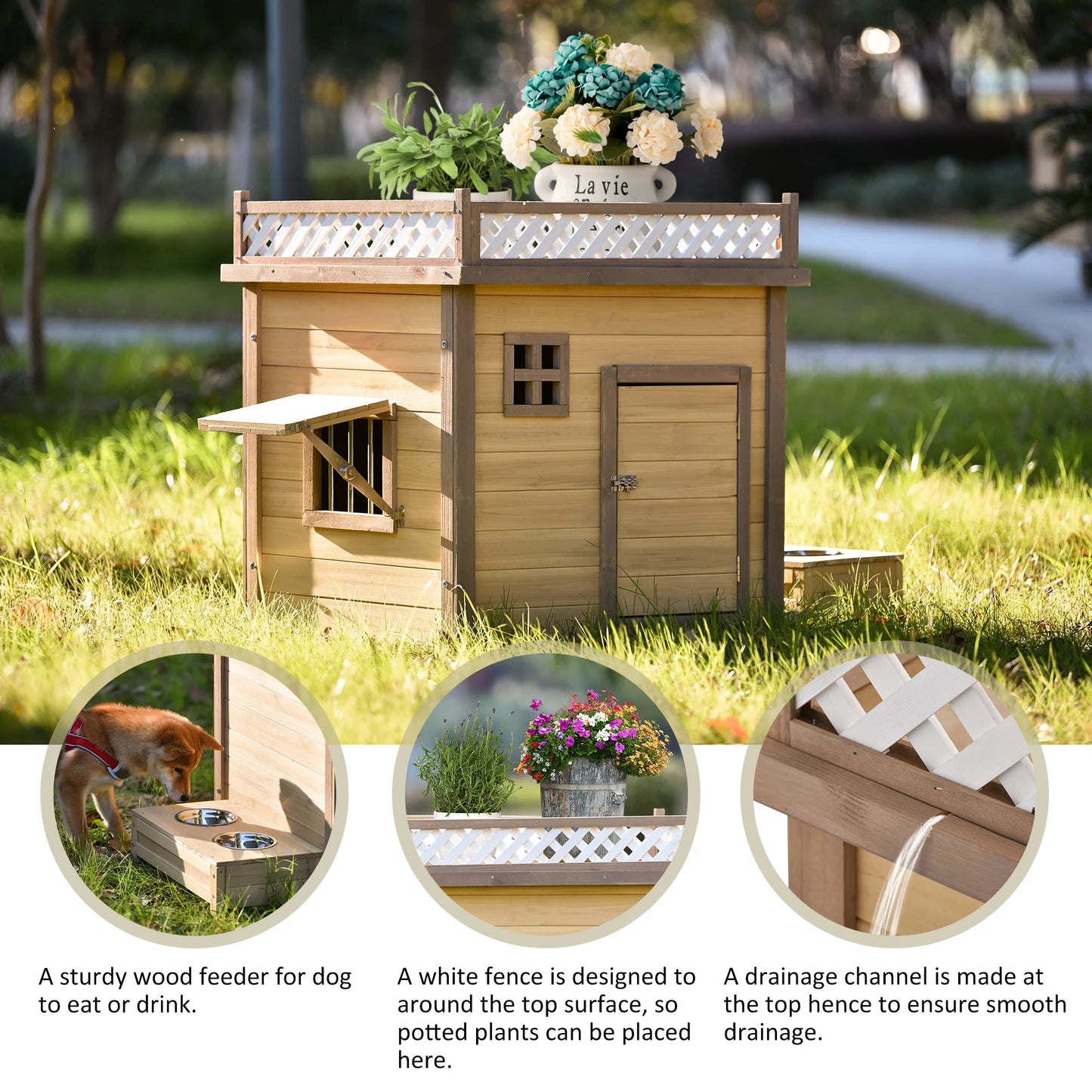 31.5"/39.4” Wooden Dog House Puppy Shelter Kennel Outdoor & Indoor Dog Crate  with Flower Stand  Plant Stand  With Wood Feeder