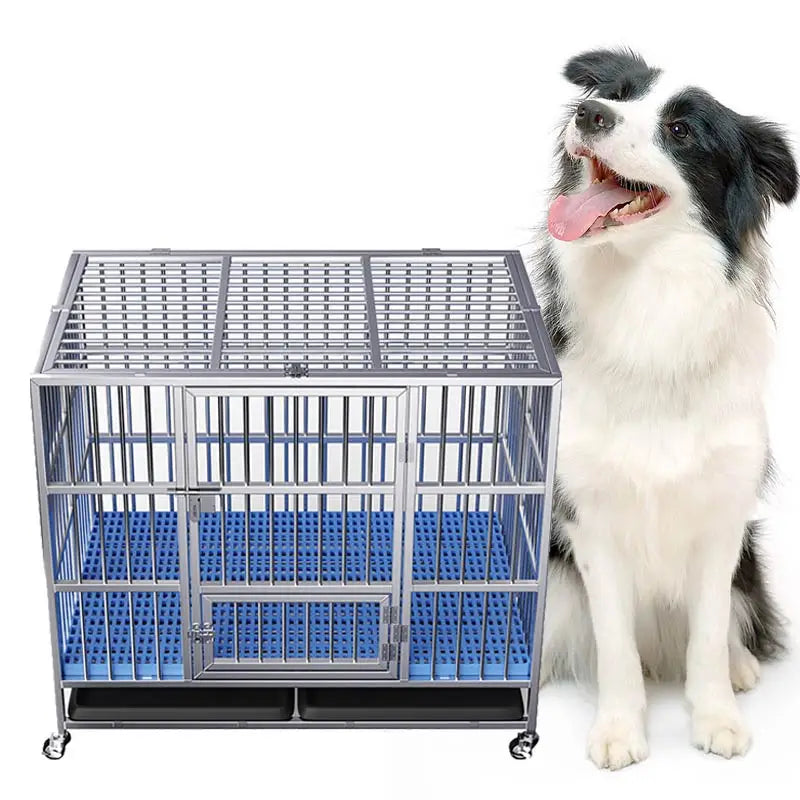 Outdoor Heavy High Strength Stainless Dog Cages With Wheels, Foldable Strong Stainless Steel Large Dog Cage Metal Dog Kennel