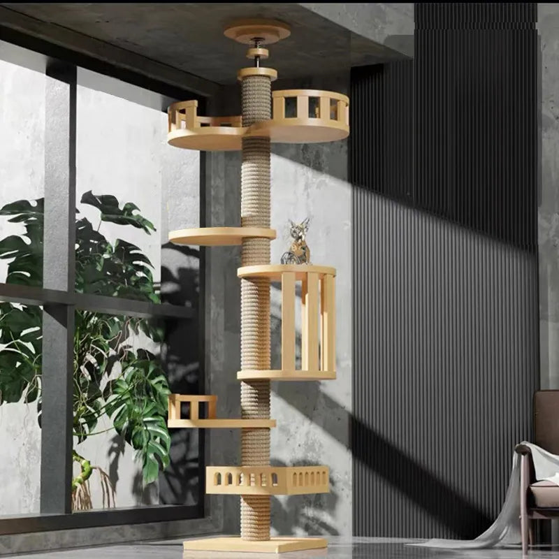 255-265cm Cat Tower Pillar Tree With Hammock Toy Bed Basket House Big Condo Ceiling Tunnel Home Ramp Outdoor Nest Swing Wooden