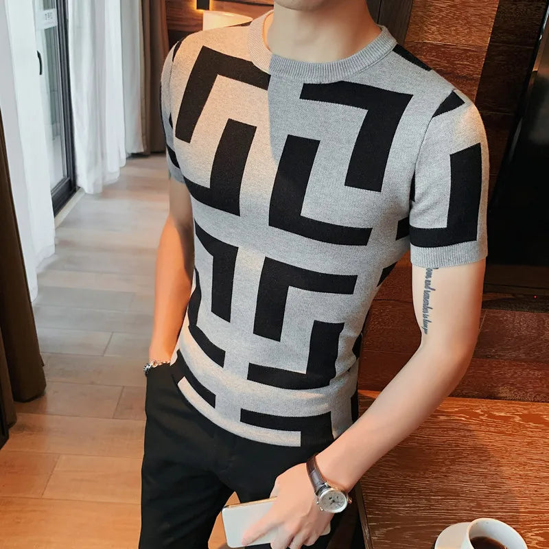 2023 Spring Summer Short Sleeve Sweater Men Clothing Slim Fit O-Neck Homme Casual Knitted Pullovers Streetwear Knit Shirt S-4XL