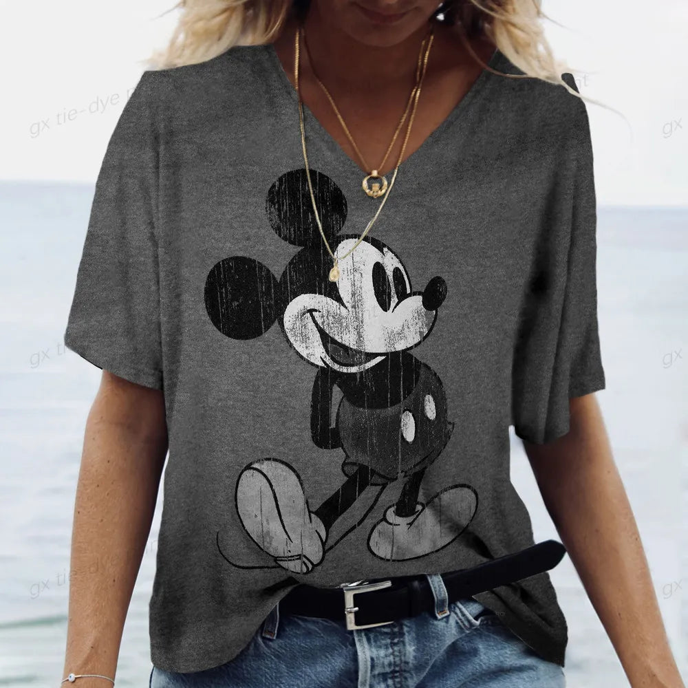 Summer Women's Tshirt Disney Mickey Mouse Print T Shirt for Women V Neck Pullover Casual Loose Ladies Clothing Streetwear Tee