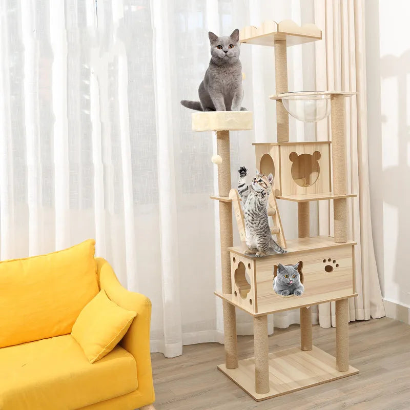 Multi-layer Cat Tree House Condos Wooden Cat Tower With Sisal Rope Cat Scratching Posts Plush Cloth Hammock Cat Climbing Frame