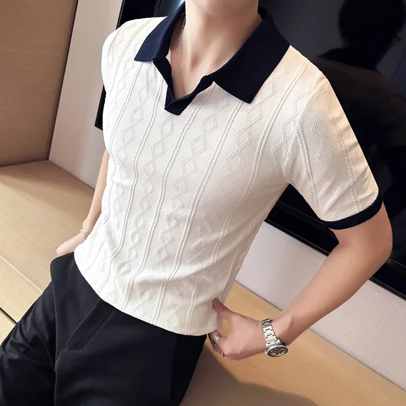 Men's Clothing Luxury Knit Polo Shirt Casual Striped Button Down Solid Color Short Sleeve T-Shirt for Men Breathable S-3XL