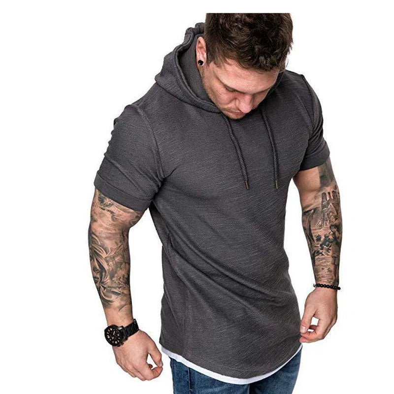 2023 New Men's Fashion Hooded Solid Color Short-Sleeved T-shirt Summer Casual Sports T Shirt Hoodies Clothing for Men MY073