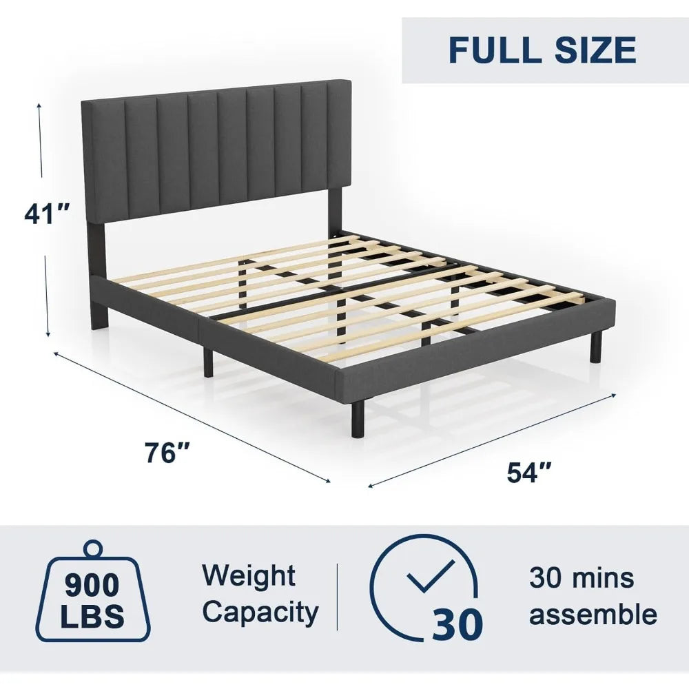 Full-size Bed Frame Upholstered Platform with Headboard and Sturdy Wooden Slats, Non-slip and Noiseless, No Springs Required