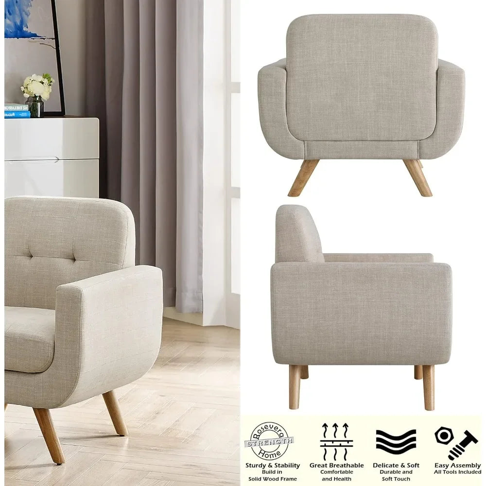 1SEAT Living Room Armchairs Elena Contemporary Accent Armchair With Linen Upholstery Living Room Furniture Beige Chair Chairs