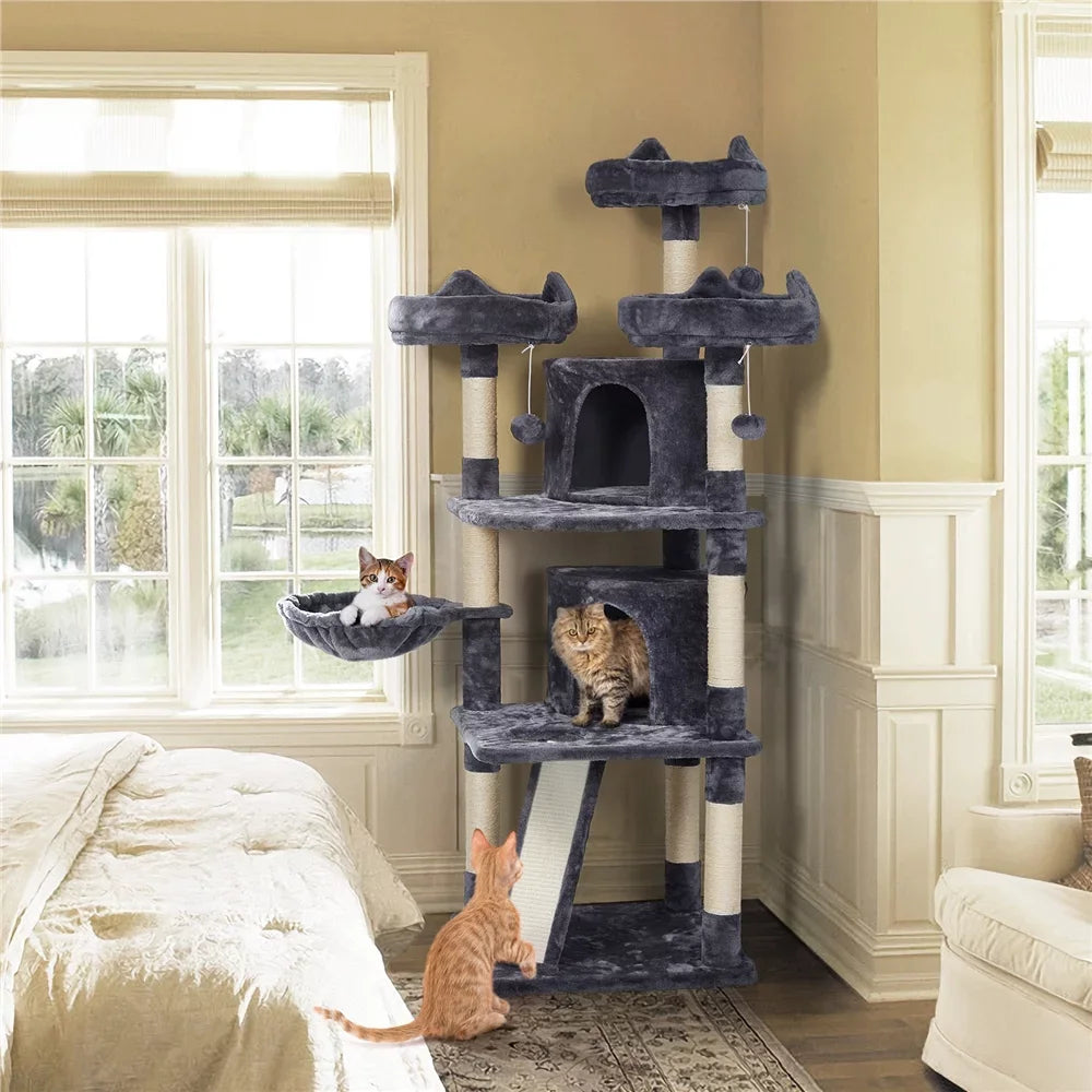 Easyfashion Large Cat Tree Plush Tower with Caves Condos Platforms Scratching Board, Dark Gray