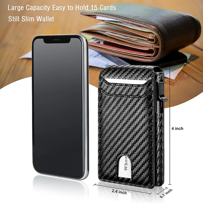 Men-Slim Minimalist Smart  Wallet RFID Blocking Pop Up Wallet Credit Card Holder Bifold Carbon Fiber Wallet