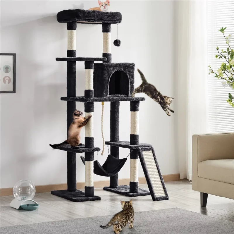 Easyfashion Multilevel 63inch Cat Tree Tower for Kitchens, Black cat cardboard  cat climbing frame