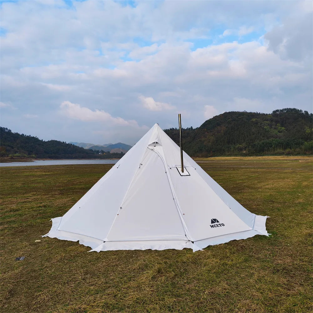 Upgraded 5M Oversized Pyramid Tent With Snow Skirt With Chimney Jacket Outdoor Camping Tent Hiking Awnings Shelter Teepee Tipi