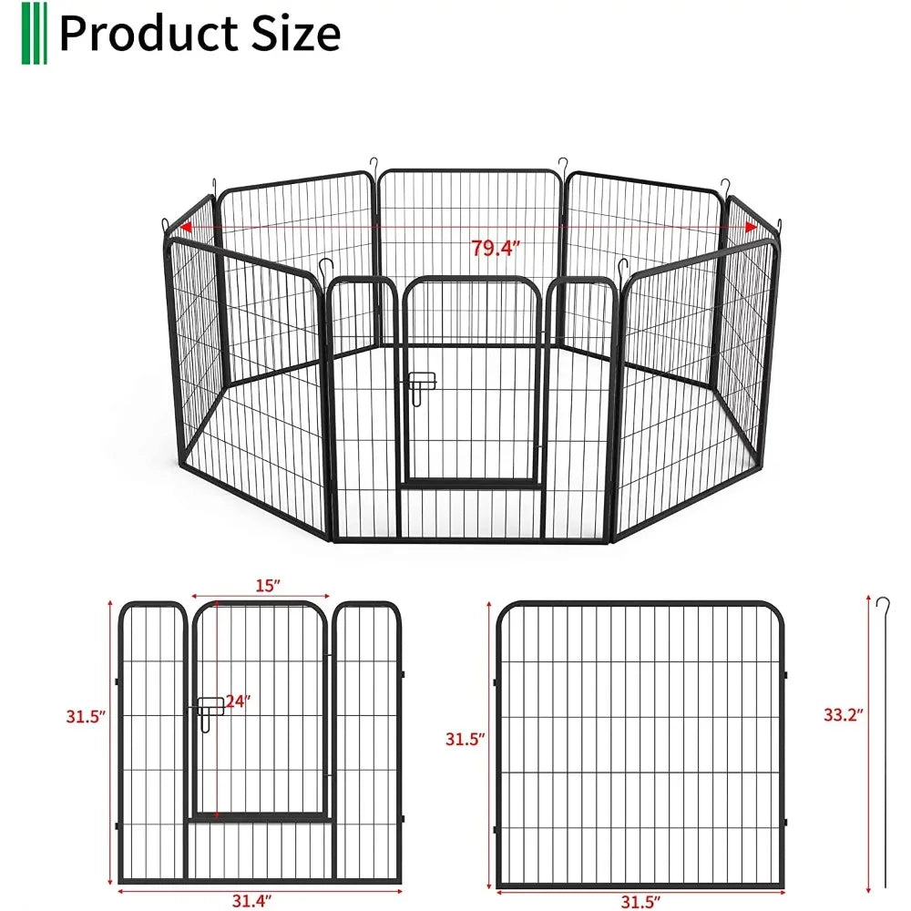 Metal Dog Playpen Dog Fence 8 Panels Indoor Outdoor Heavy Duty Portable Foldable Kennel, Black Dog House