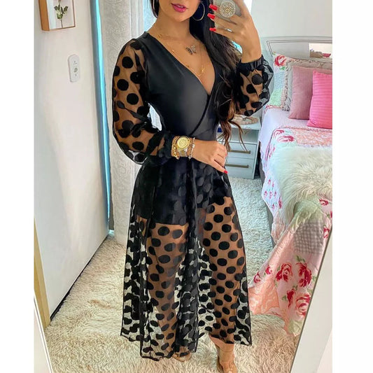 2021 Women's Clothing Spring Polkadot Print Wrap Long Sleeve Maxi Dress See Through Party Wedding Formal Elegant Boho V Neck