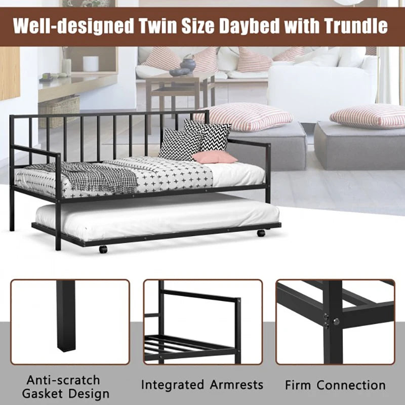 Twin Metal Daybed Sofa Bed Set with Roll Out Trundle Foldable Sofa Bed Frame Living Room Bedroom Furniture Bedframe