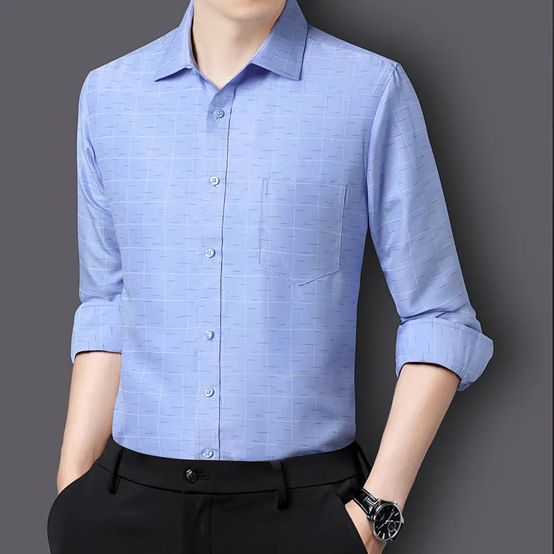 Spring New Business Casual Long Sleeve Plaid Shirts For Men Clothing 2023 Simple Formal Wear Slim Fit Office Blouse Homme 5XL-M