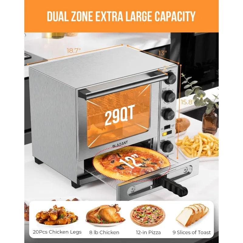 Toaster Oven Countertop, Dual Zone Toaster Oven Air Fryer Combo 29QT/28L Extra Large Capacity with 12 Inch Pizza Oven