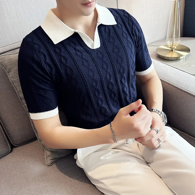 Men's Clothing Luxury Knit Polo Shirt Casual Striped Button Down Solid Color Short Sleeve T-Shirt for Men Breathable S-3XL