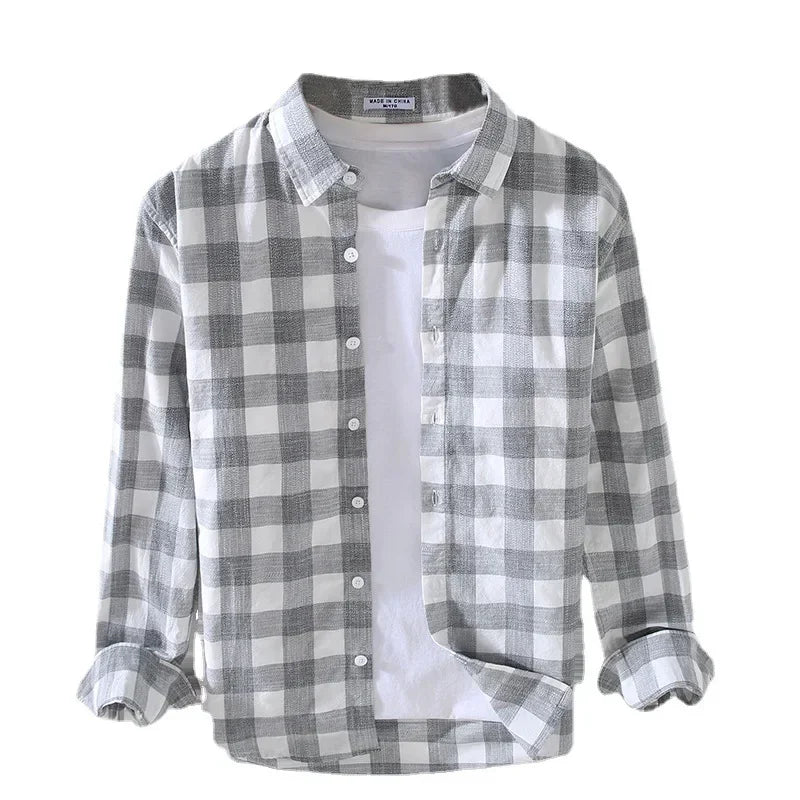 Men Clothing 2022 Autumn New Japanese Style Fresh Plaid Long-sleeved Shirt Men's Casual Loose Lapel Trend Men's Shirt