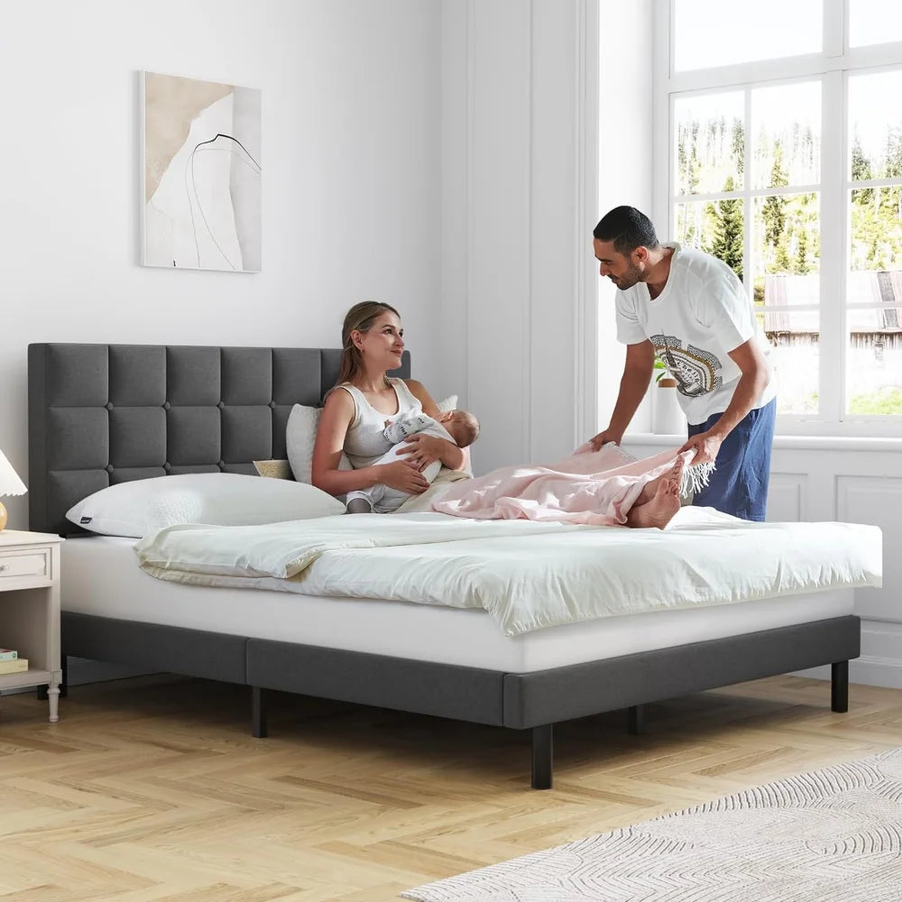 Queen Bed Frame Upholstered Platform with Headboard and Strong Wooden Slats,Non-Slip and Noise-Free,No Box Spring Needed