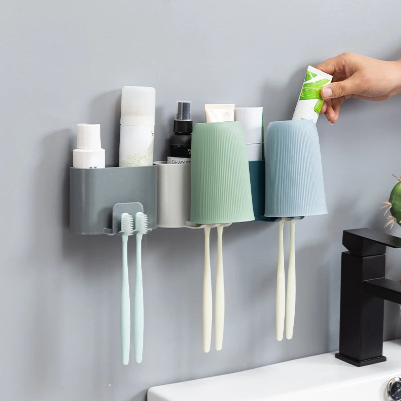 New Wall-Mounted Toothbrush Holder Bathroom Punch-Free Tooth Cup Rack Household Wall-Mounted Mouthwash Cup Holder Storage Box