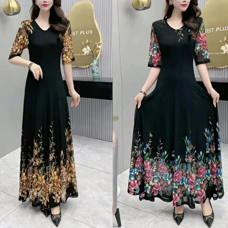 Women's Clothing Stylish Floral Printed Long Dress Summer Short Sleeve Casual Gauze Spliced Elegant V-Neck A-Line Waist Dresses