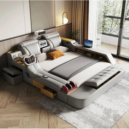 Linlamlim Tech Smart Bed - the Ultimate Multifunctional Bedframe with Genuine Leather, Massage, Speaker, Projector, Air Purifier