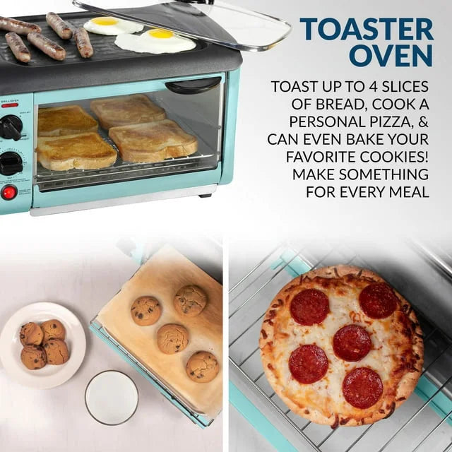 BST3AQ Retro 3-in-1 Family Size Electric Breakfast Station, Coffeemaker, Griddle, Toaster Oven - Aqua