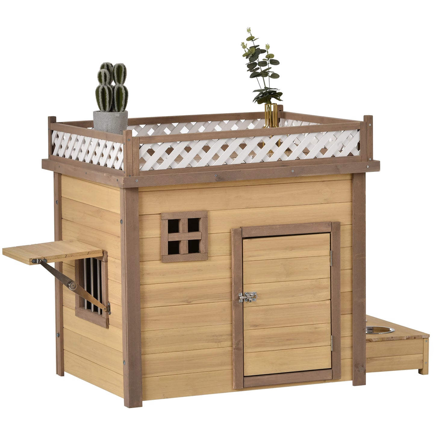 31.5"/39.4” Wooden Dog House Puppy Shelter Kennel Outdoor & Indoor Dog Crate  with Flower Stand  Plant Stand  With Wood Feeder