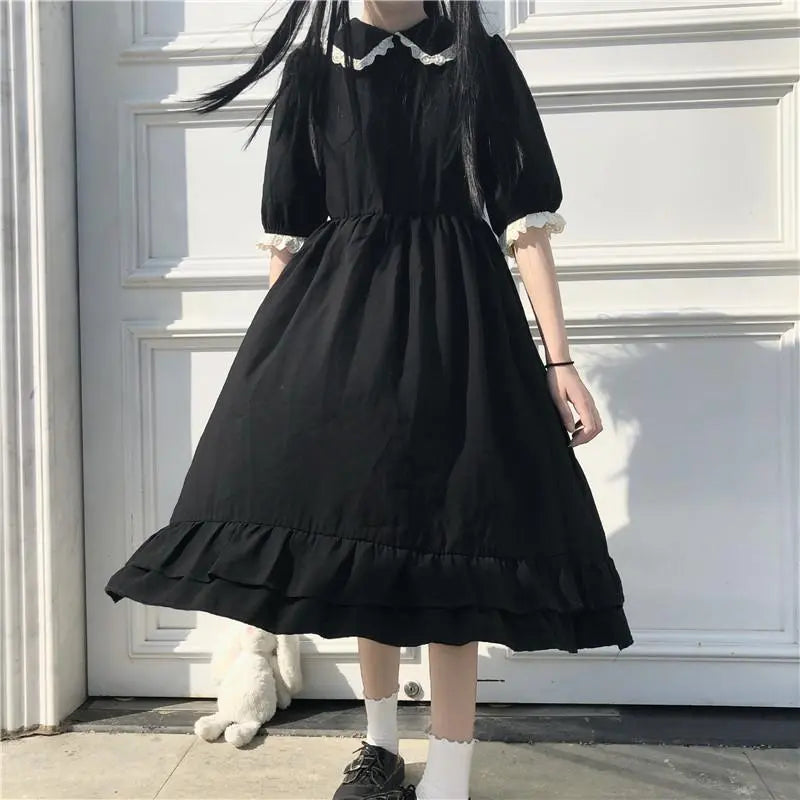 Autumn New Black Kawaii Lolita Dress Sen Girl Fairy Cute Lolita Doll Collar Puff Sleeve Dress 2021 Fashionable Women's Clothing