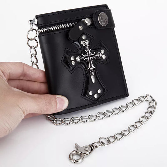 Fashion Cool PU Leather Punk Gothic Skull Cross Clutch Purse Wallets With Chain For Women Men