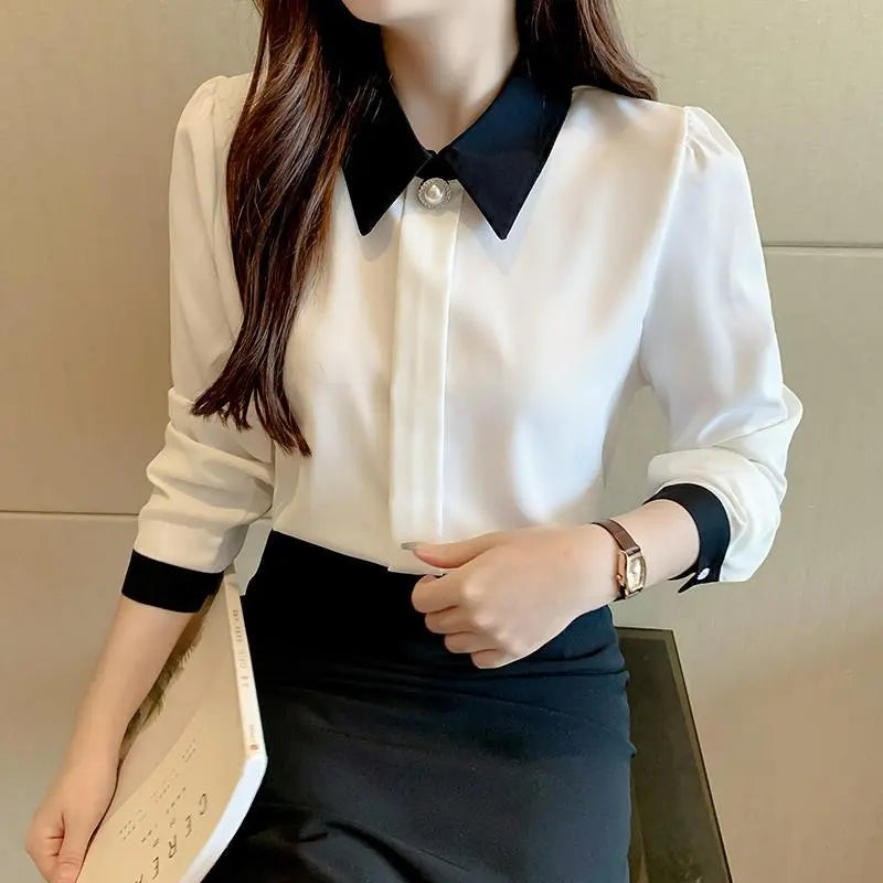 Fashion Lapel Spliced Button Oversized Chiffon Shirt 2022 Autumn New Casual Tops Elegant Women's Clothing Office Lady Blouses