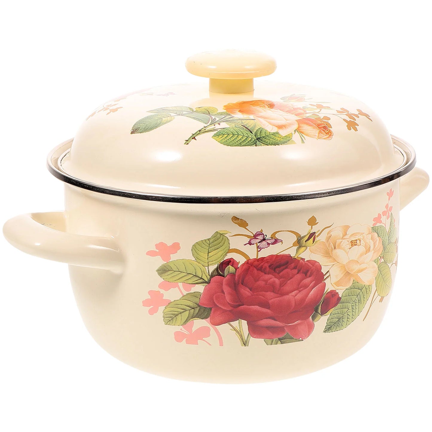 Ceramic Instant Noodle Pot Vintage Enamel Stockpot Soup Flower Pattern for Cooking Wear-resistant Bowls