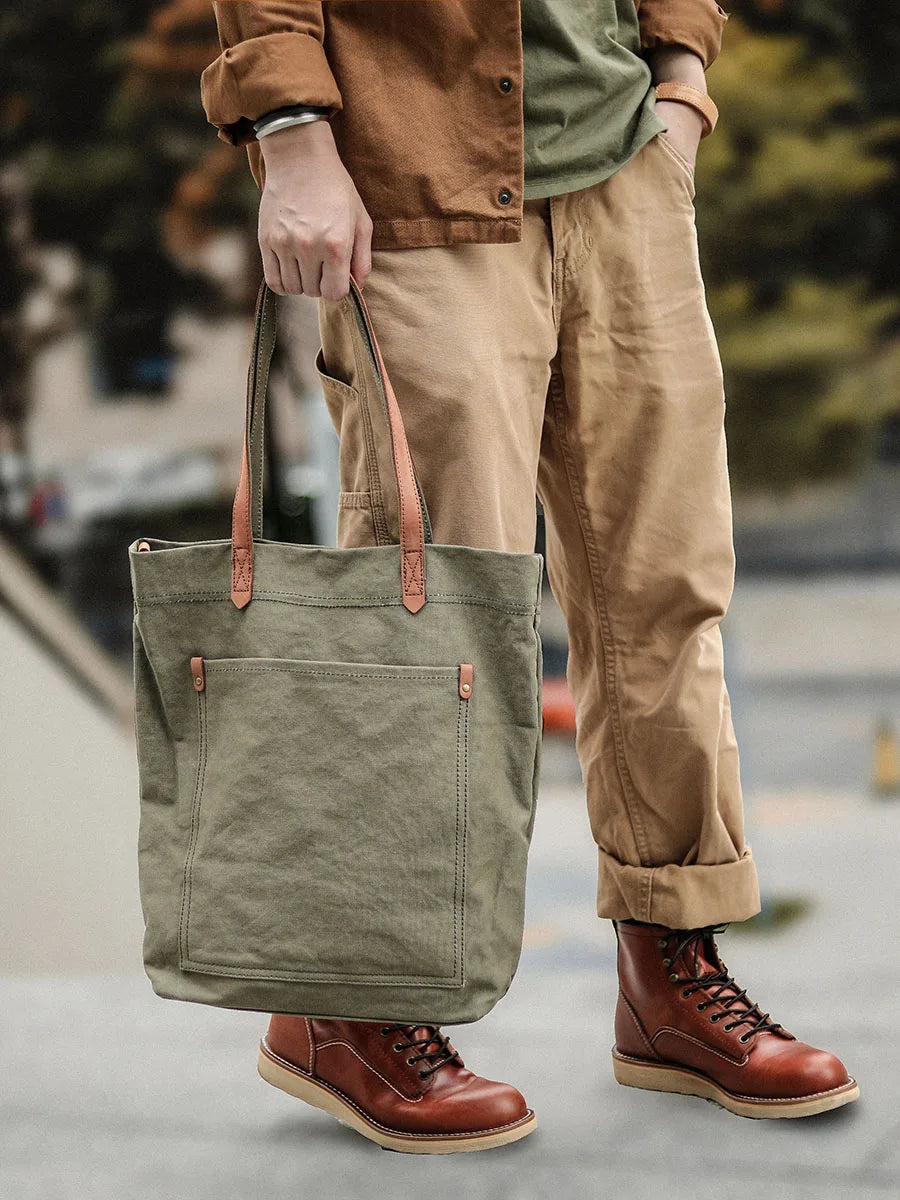 men retro tote 16oz canvas shoulder bag with top layer genuine leather