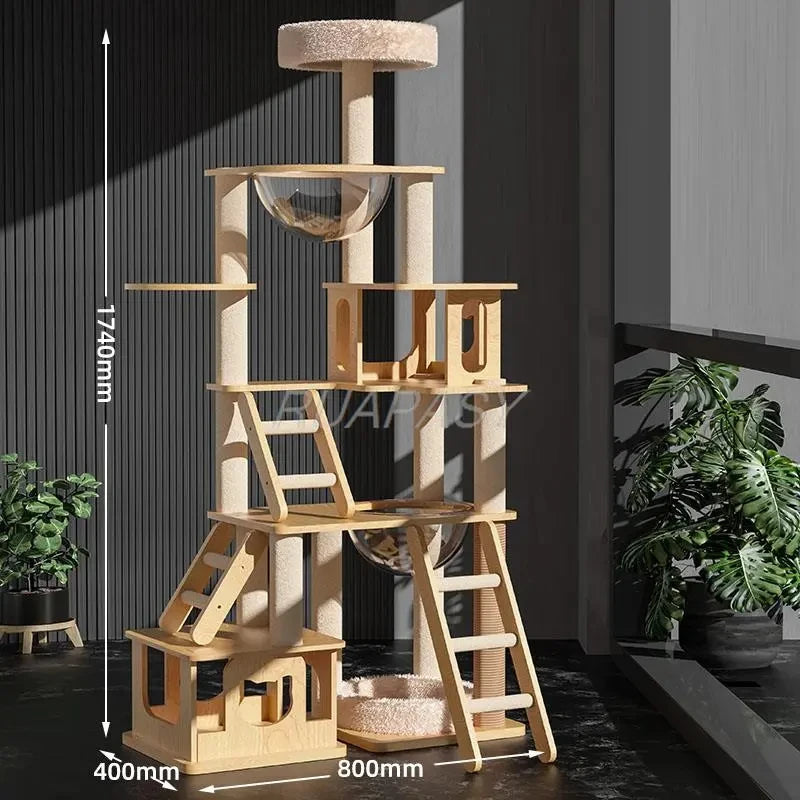 Multi-Level Wood Space Capsule Cat Tree Climbing Toys Post Condo Sisal Cat Tree Shelf Scratching Jumping Platform Perch Tower