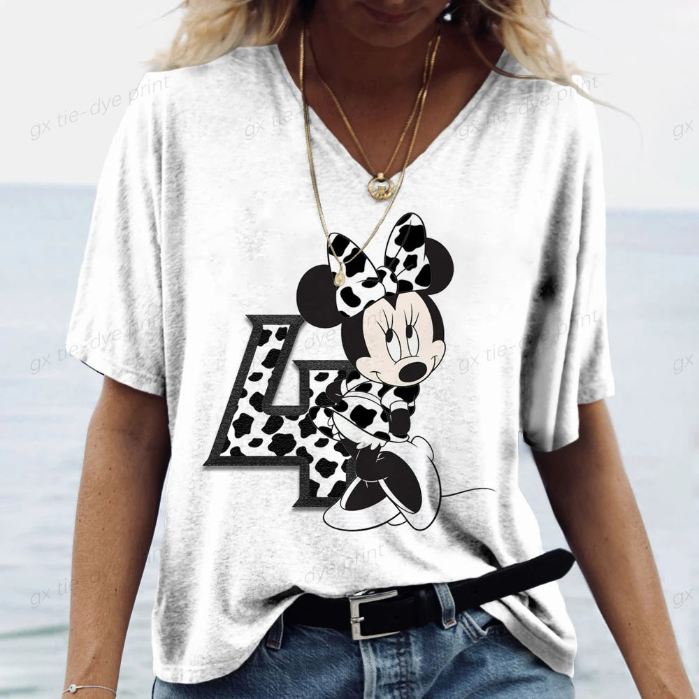 Summer Women's Tshirt Disney Mickey Mouse Print T Shirt for Women V Neck Pullover Casual Loose Ladies Clothing Streetwear Tee