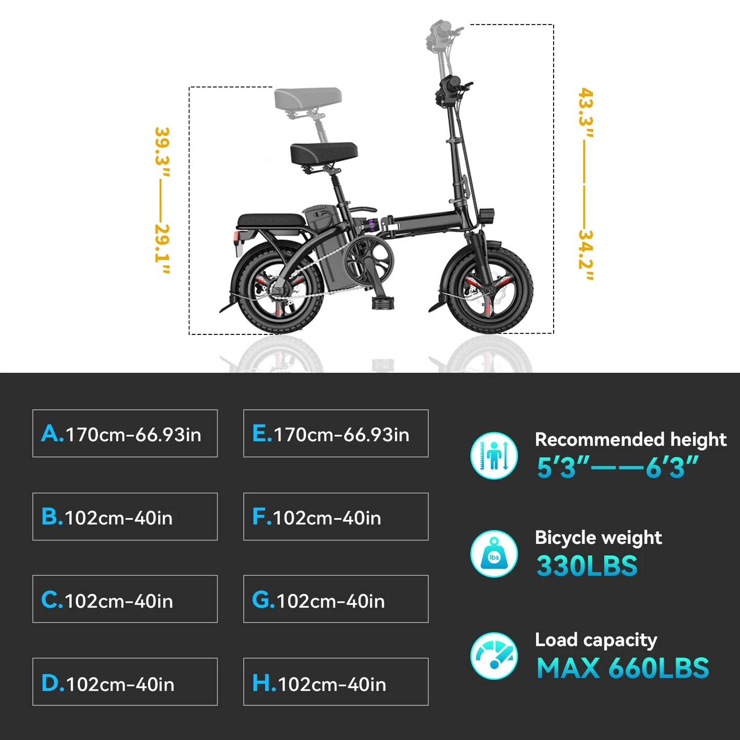 EBKAROCY NEW Folding Electric Bike Bicycle 400W Brushless Motor with 48v 15Ah Lithium Ion Battery Fat Tire 14" for Adult