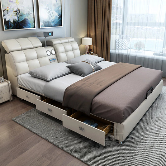 MANBAS Ultimate Tech Smart Bed - Multifunctional Bedframe with Genuine Leather and Bluetooth Speaker, Drawers, Projector, USB