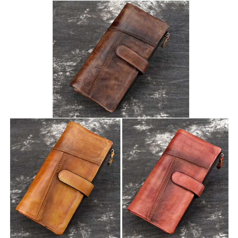 Luufan Vintage Genuine Leather Long Wallet Men Women RFID Blocking Credit Card Holder Purse Zipper Business Moible Phone Wallet