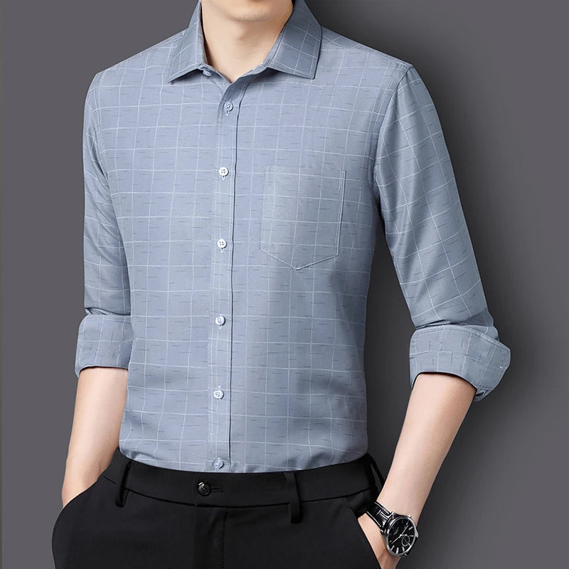 Spring New Business Casual Long Sleeve Plaid Shirts For Men Clothing 2023 Simple Formal Wear Slim Fit Office Blouse Homme 5XL-M