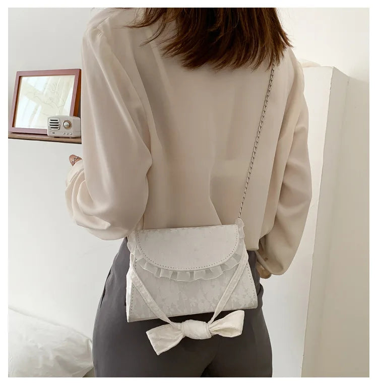 Elegant Lace Up Bow Handle Women Shoulder Bags Vintage Embossed Design Ladies Crossbody Bag Female Square Chain Clutch Handbags