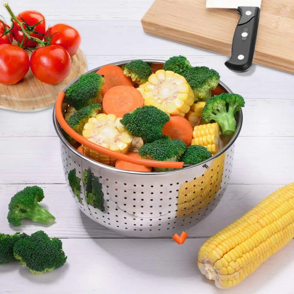 304 Stainless Steel Kitchen Steamer Basket with Silicone Covered Handle Instant Pot Accessories for 3/6/8 Qt Pressure Cooker