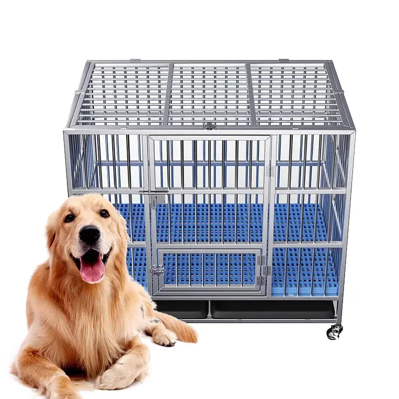 Outdoor Heavy High Strength Stainless Dog Cages With Wheels, Foldable Strong Stainless Steel Large Dog Cage Metal Dog Kennel