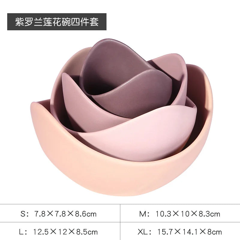 5 Stacked Ceramic Lotus Bowl Dishes Plates Creative Fruit Tray Simple Zen Decor Storage Fruit 3/4/5pcs Set Ceramic Dinner Plates