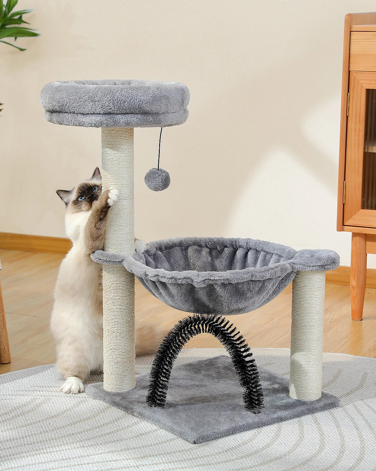 Small Cat Tree Cat Tower for Kitten with Super Large Plush Hammock Cat Scratching Post for Indoor Cats with Top Perch Cat Brush