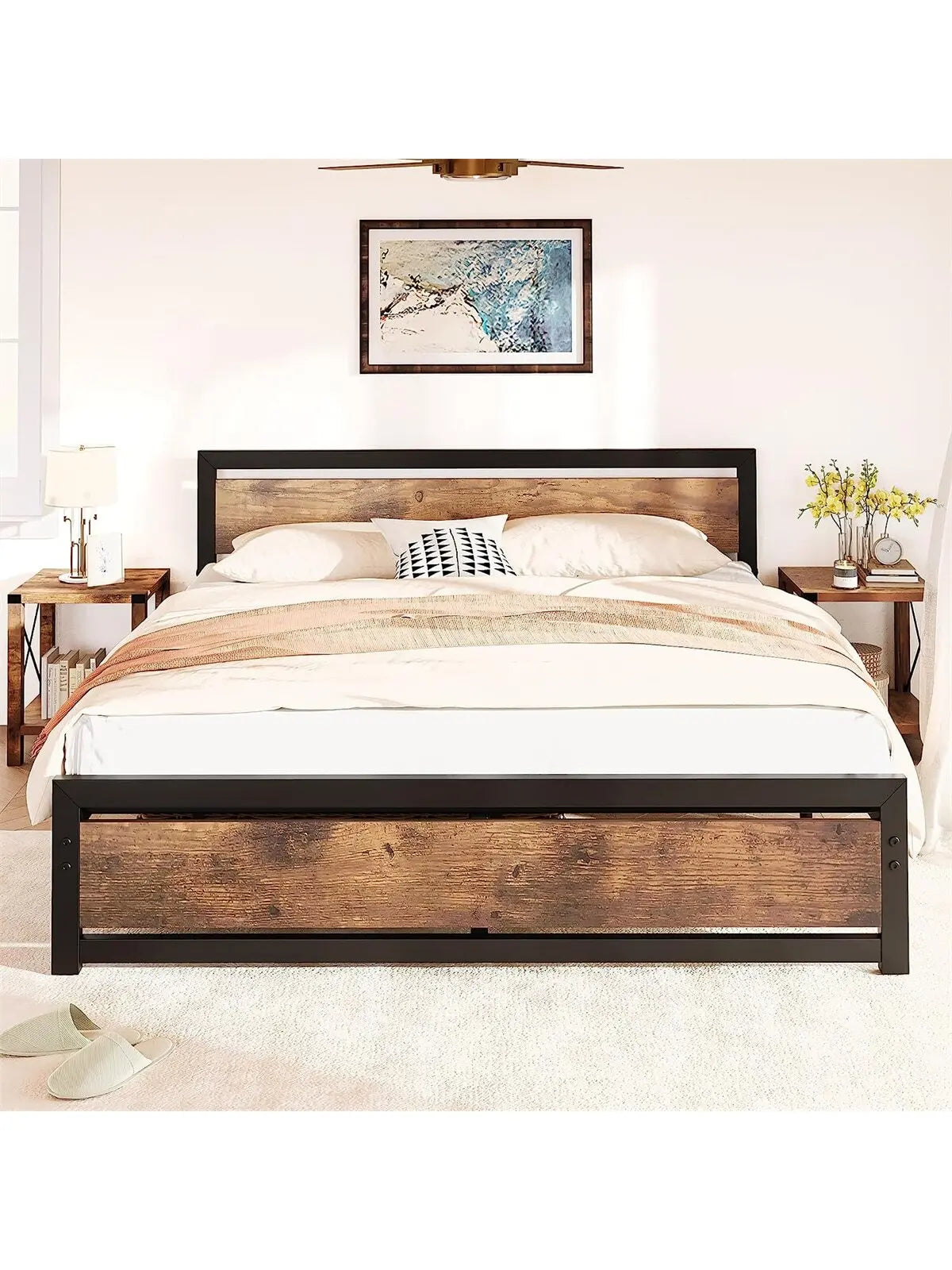 Bed Frame with Wooden Headboard and Footboard - Metal Platform, No Box Spring Needed bedframe with headboard